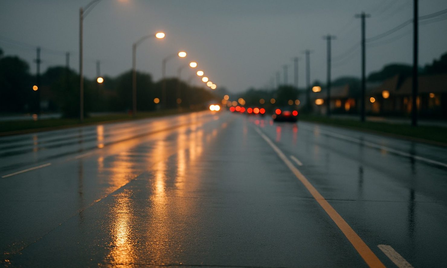 A wet four-lane suburban arterial at dusk, sodium streetlights reflecting on the pavement and a line of tail lights ahead