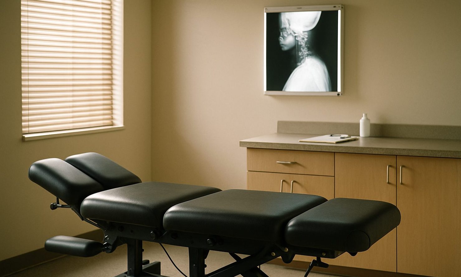 A clean injury exam room with an adjustable treatment table, a wall-mounted lightbox showing a cervical spine film, morning light through blinds