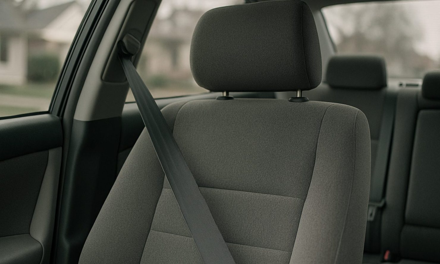 Empty driver seat, headrest, and fastened seat belt in a parked sedan, residential street blurred through the window