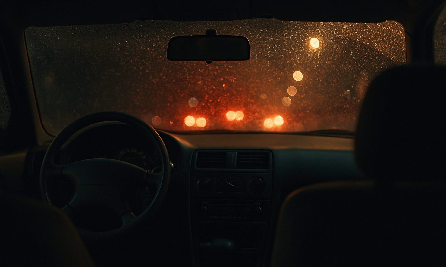 View from inside a parked car at night, rain on the windshield, blurred brake lights and streetlights
